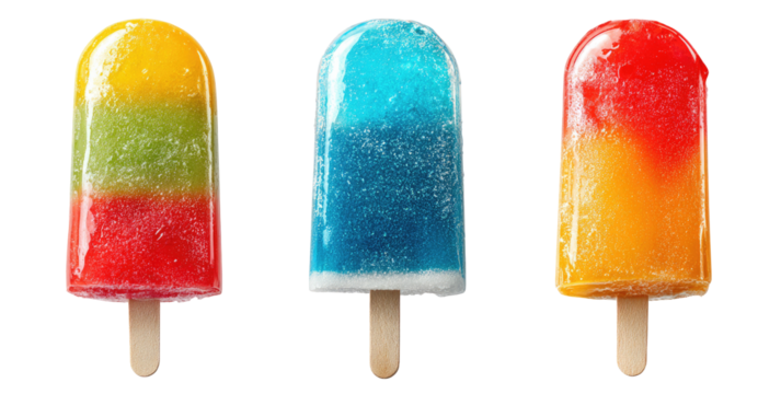 Three colorful popsicles, vibrant hues of red, yellow, and blue, layered in distinct segments