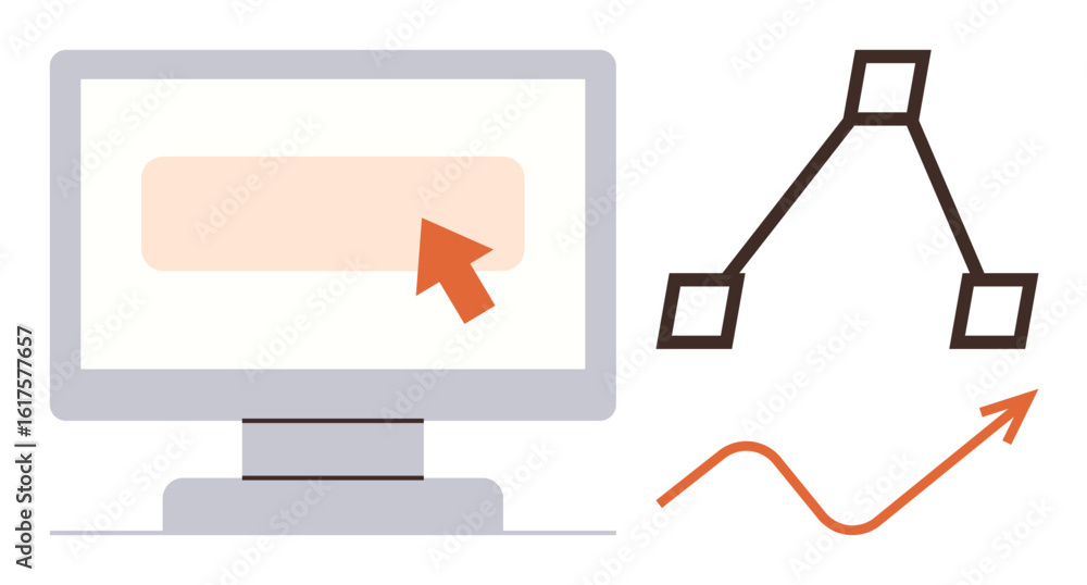 Poster computer screen with an orange cursor, branching diagram structure, and upward arrow representing gr