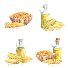 Corn oil glass bottle, carafe, corncobs and bowl with maize kernels food set. Wooden dishes with Fresh sweet corn Hand drawn watercolor illustration for farm product label on isolated white background