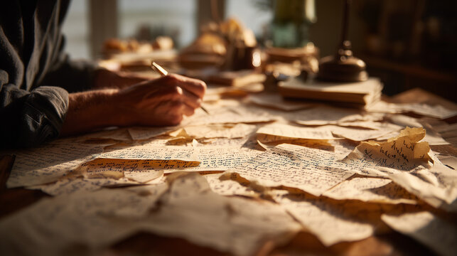 A writer's hands organizing chaotic handwritten notes into a coherent story, representing the creation of a narrative from raw ideas.