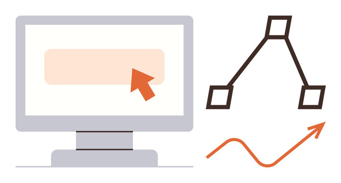 Computer screen with an orange cursor, branching diagram structure, and upward arrow representing growth, planning, or data analysis. Ideal for business, education, technology, strategy