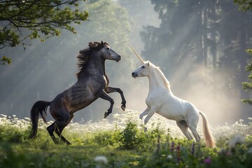 Obraz premium Two horses are fighting in a field