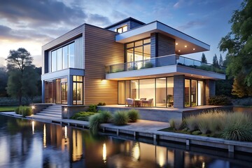 Fototapeta premium Large house with a pool and a large deck