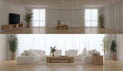 Modern, minimalist living room, two views