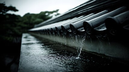 Rainwater flowing from a traditional roof.