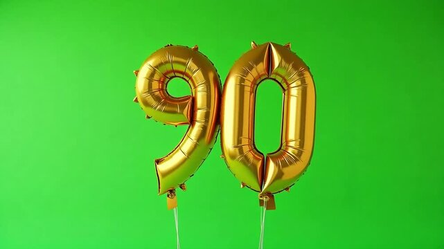 Celebrate a vibrant 90th birthday bash with golden balloons floating against a green backdrop