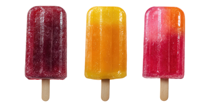 Three colorful popsicles, each with a different gradient color, arranged horizontally on a transparent background