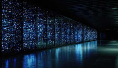 Dark server room, glowing data displays
