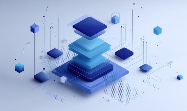 Abstract 3D layered cubes and lines, blue tones