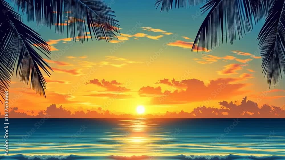 Poster sunset over a tranquil beach with palm trees in silhouette generative ai