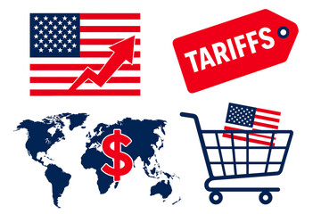 U.S. tariffs on international goods represented through symbols such as flags, shopping carts, and a global map reflecting economic impact, trade conflicts, and ongoing negotiations