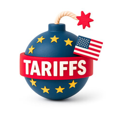 A visually striking bomb-shaped symbol represents the tensions surrounding U.S. tariffs on international goods, highlighting their impact on trade relations with Europe