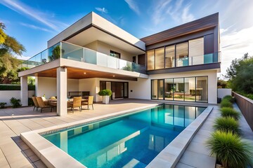Large house with a pool and a patio