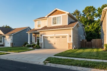 Fototapeta premium House Exterior with Garage Driveway Landscaping