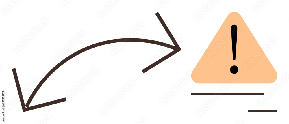 Poster curved arrow directing focus to an exclamation mark inside a triangular warning sign. ideal for caut