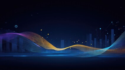 Abstract digital cityscape.  Data waves flow over a dark city