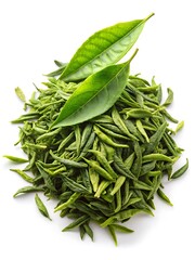 Fototapeta premium Pile of green tea leaves with a leaf on top