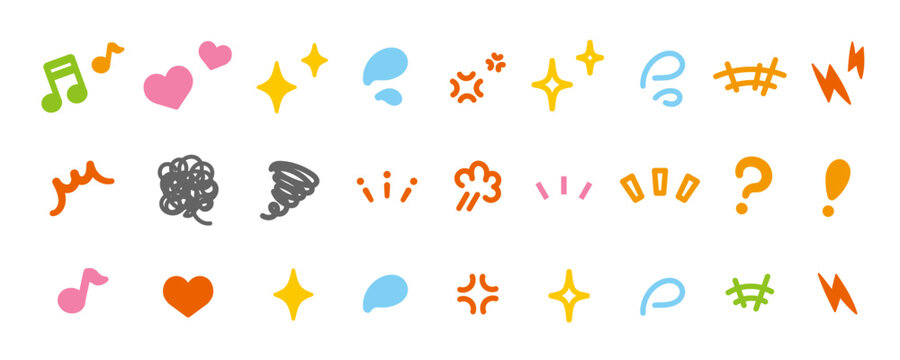Fototapeta 感情やリアクションを表すカラフルでポップな装飾記号アイコンセット