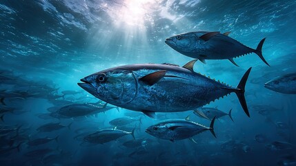 Fototapeta premium Dense silver school of streamlined tuna fish gliding through crystal-clear open ocean, synchronized movement against deep blue water