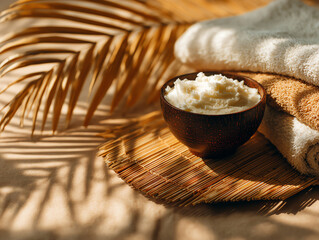 Relaxing spa arrangement with shea butter and soft towels.