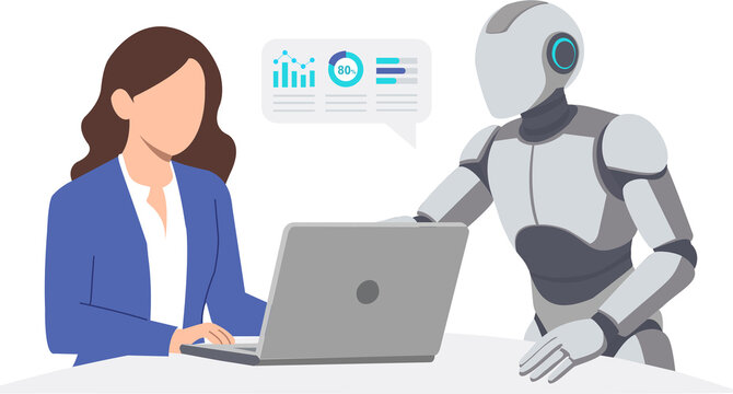 AI robot assisting businesswoman in data analysis with laptop and infographic dashboard | Artificial Intelligence collaboration in modern workplace illustration