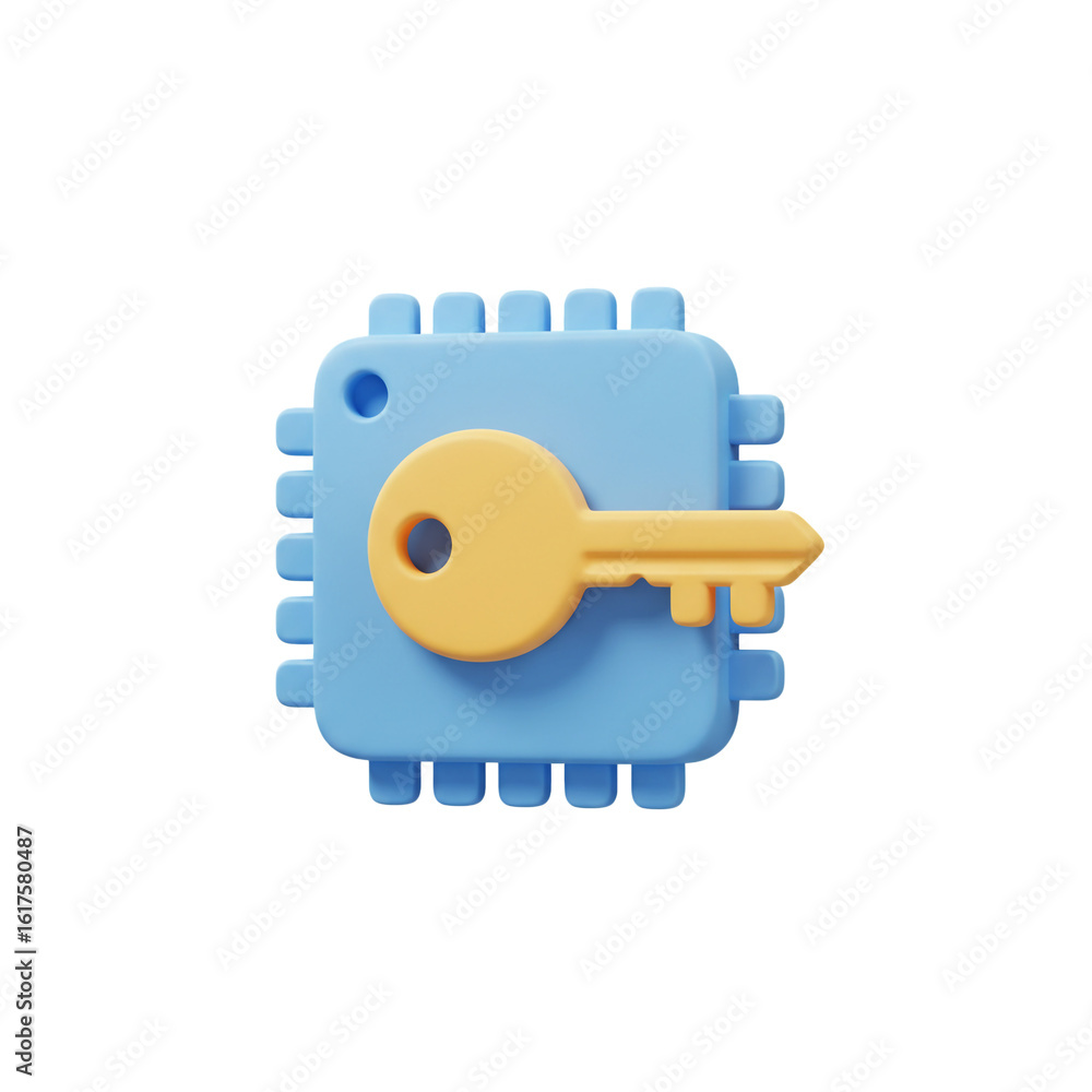 Fototapete a hardware encryption concept illustrated by a simple yellow key resting on a light blue computer pr