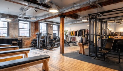 Industrial gym interior with wooden benches, weight equipment, and clothing racks