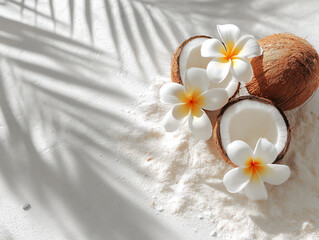 A serene arrangement of coconut halves and tropical flowers.
