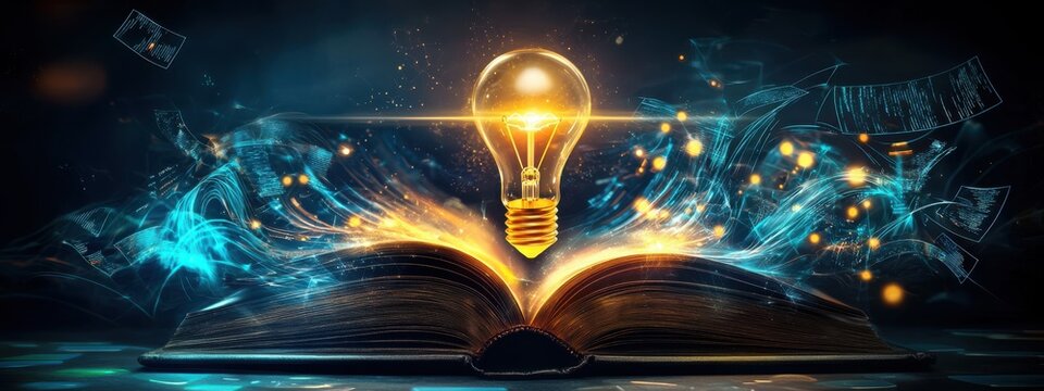 An open book illuminated by a glowing lightbulb symbolizes the transformative power of knowledge education and creative thinking to unlock new possibilities and drive progress