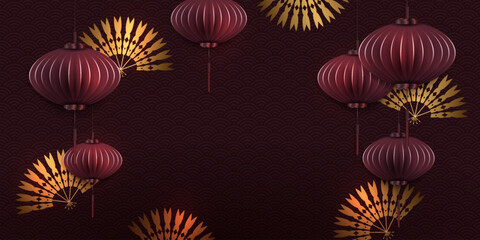 Chinese New Year. Exquisite dark red greeting card with golden fans.