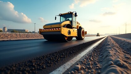 A yellow road roller on a newly paved highway under a blue sky day