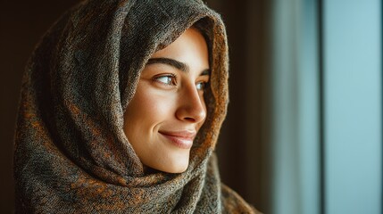 Smiling young Muslim woman in soft pastel hijab standing by sunlit apartment window