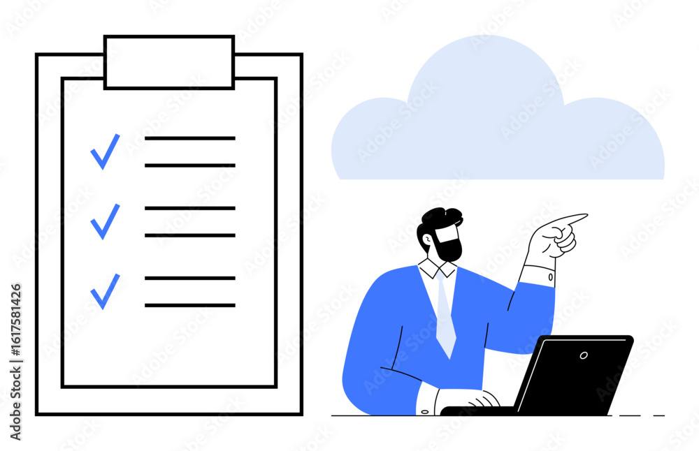 Poster checklist with marked tasks, man at laptop pointing to virtual cloud. ideal for productivity, task m
