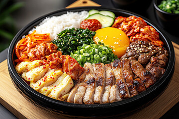 A bowl of korean bibimbap topped with colorful vegetables, meat : An overhead shot showcasing a vibrant array of textures and flavors, with an artistic presentation of a colorful bibimbap bowl, 