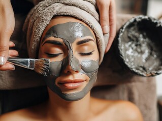 beautiful woman spa salon getting mud body