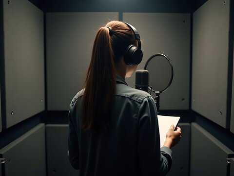 Woman with headphones recording voiceover in soundproof studio booth - Powered by Adobe