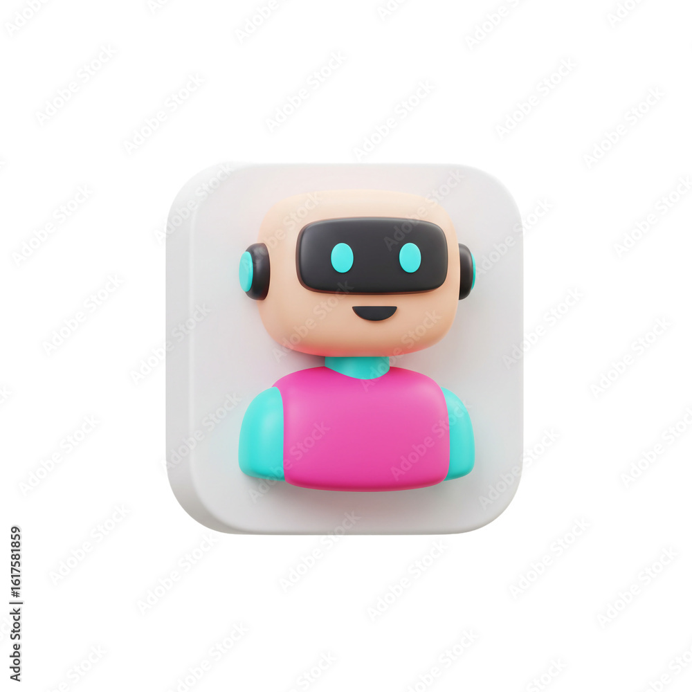 Poster a friendly robot avatar icon representing futuristic artificial intelligence and virtual assistance.