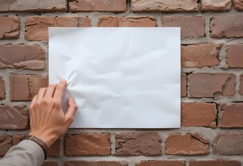 A person hand is attaching a blank white paper notice mockup on a brick wall