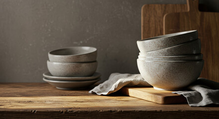 Elegant minimalistic bowls arranged on a wooden table, showcasing simplicity in design and natural materials