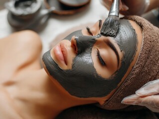 beautiful woman spa salon getting mud body