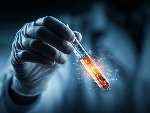 Scientist holding a glowing test tube in a laboratory setting.