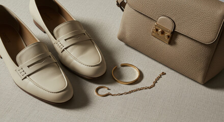 Elegant minimalistic accessories and footwear arranged artfully on soft surface