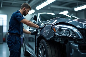 Man inspecting gray car in auto body shop with bright overhead lights