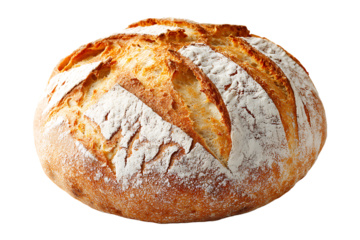 A freshly baked round loaf of bread with a golden brown crust and a dusting of flour