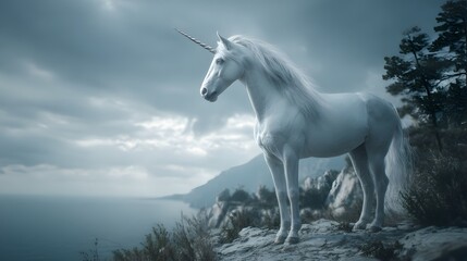 Majestic white unicorn atop a cliff overlooking a tranquil sea.