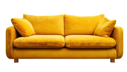 Modern Yellow Velvet Sofa With Pillows on Transparent Background