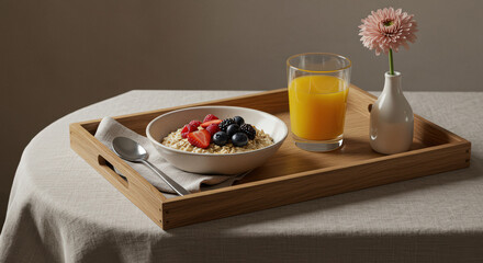 Breakfast tray featuring oatmeal with berries, juice, and a flower on a simple table