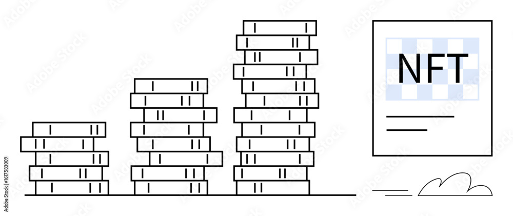 Poster stacks of coins increasing in height next to an nft certificate, symbolizing financial progress and 