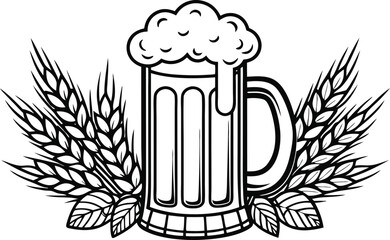 Stylized beer mug with wheat stalks and hops illustration