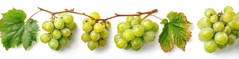 Clusters of green grapes on vine, leaves